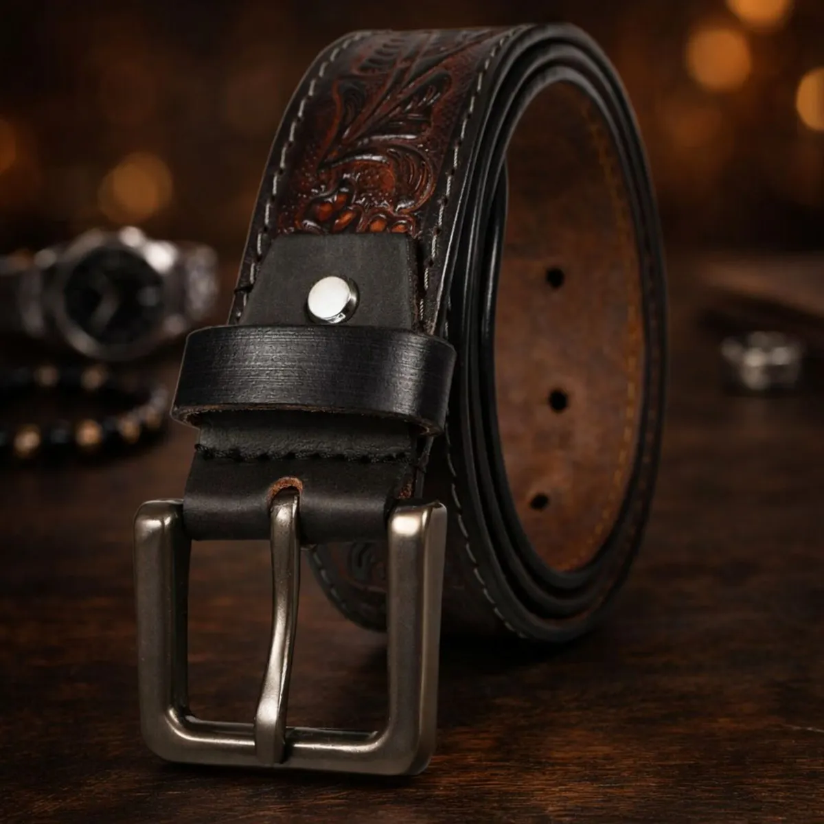 Genuine Leather Belt Vintage Floral Western Belt - Image 2