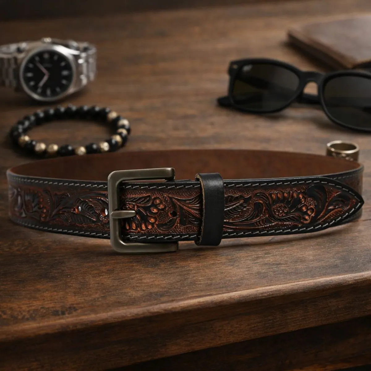 Genuine Leather Belt Vintage Floral Western Belt - Image 4