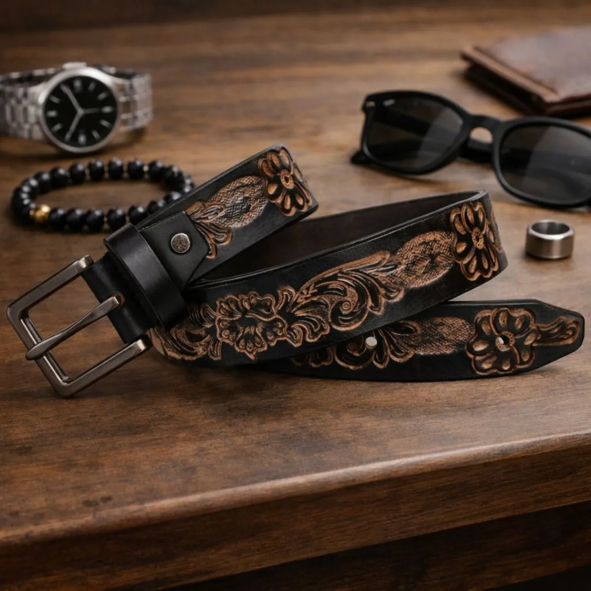 Genuine Leather Belt Vintage Floral Western Belt - Image 1