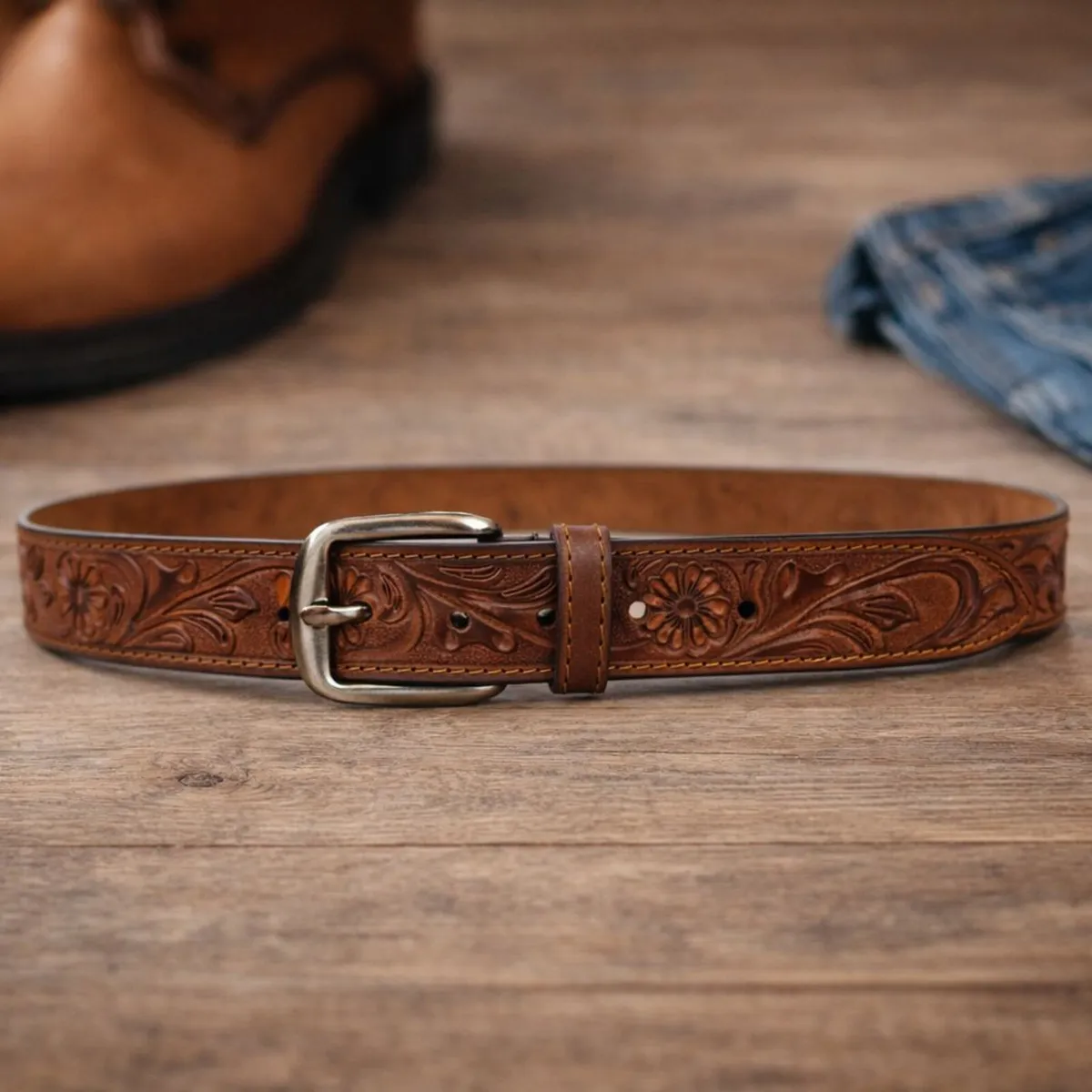 Genuine Leather Belt Vintage Floral Western Belt - Image 2