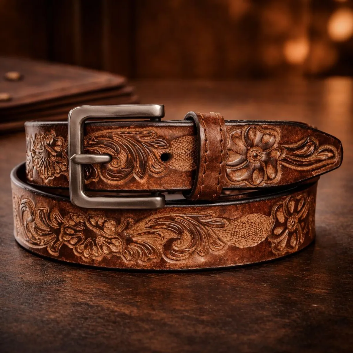 Genuine Leather Belt Vintage Floral Western Belt - Image 2