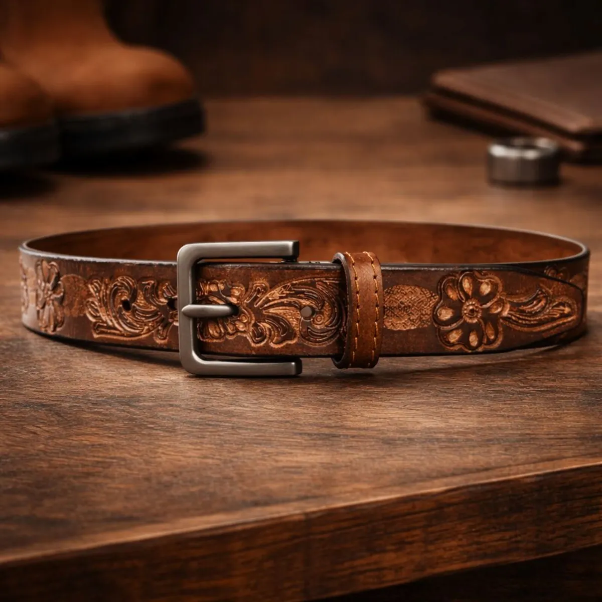 Genuine Leather Belt Vintage Floral Western Belt - Image 3