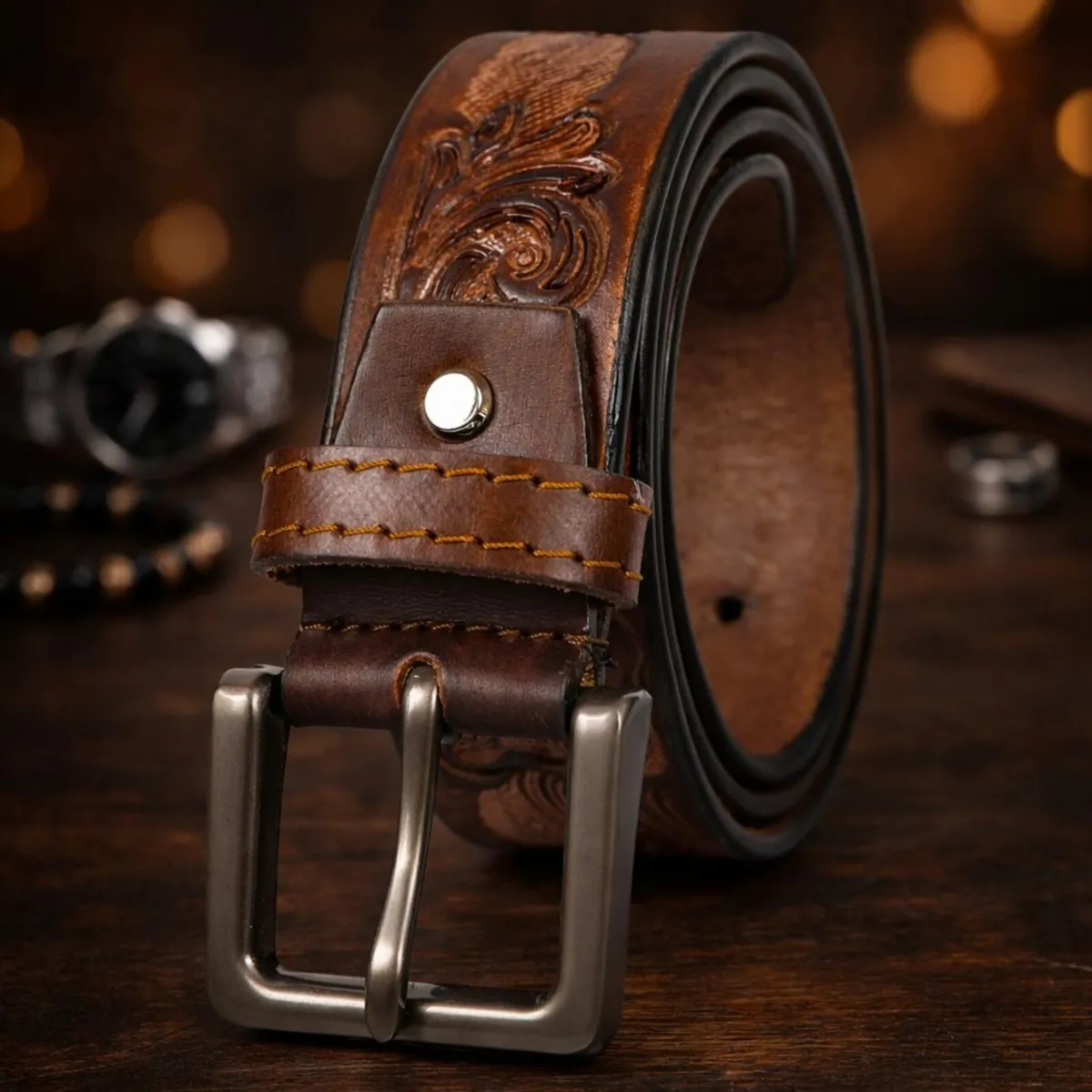 Genuine Leather Belt Vintage Floral Western Belt - Image 4