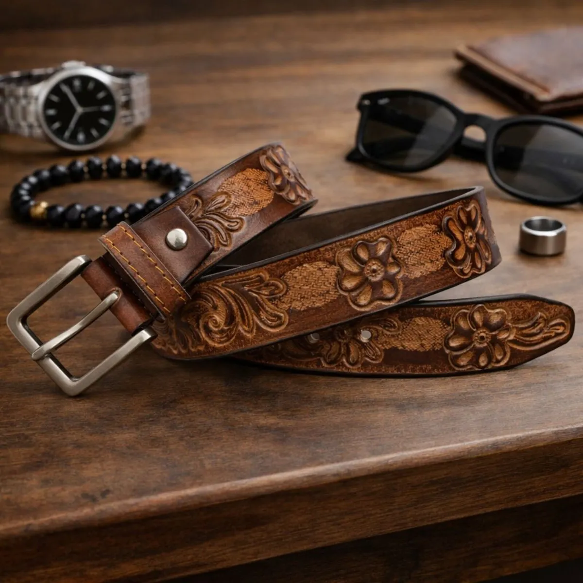 Genuine Leather Belt Vintage Floral Western Belt - Image 1