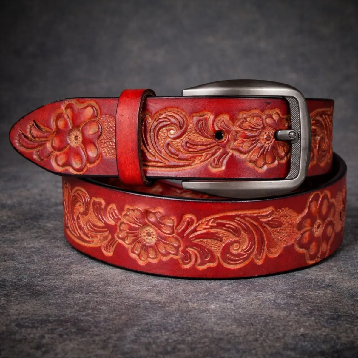 Genuine Leather Belt Vintage Floral Western Belt - Image 3