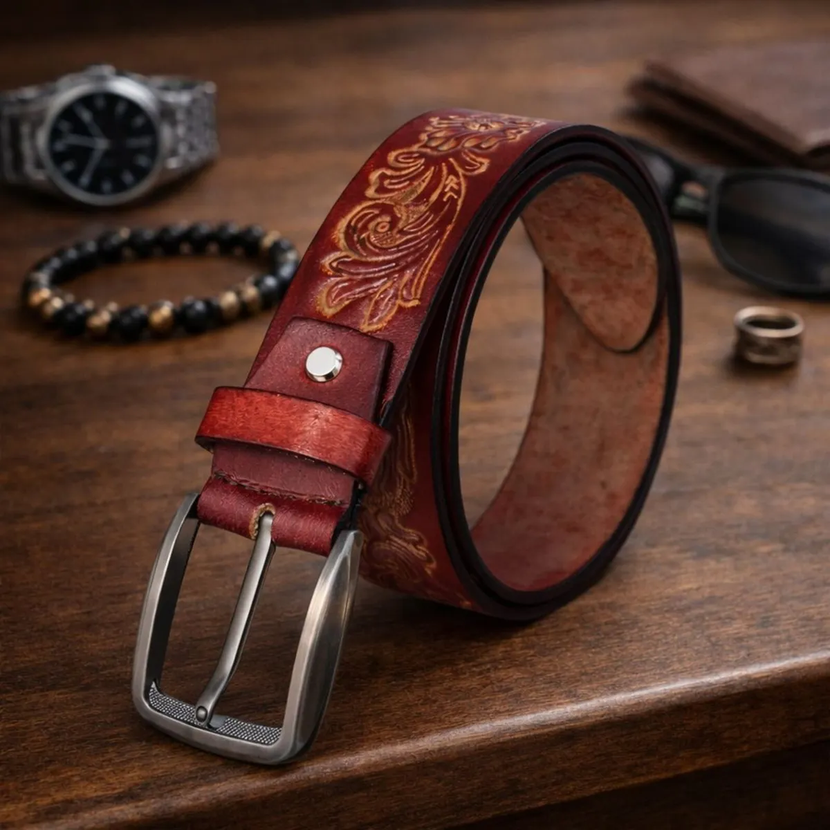 Genuine Leather Belt Vintage Floral Western Belt - Image 1