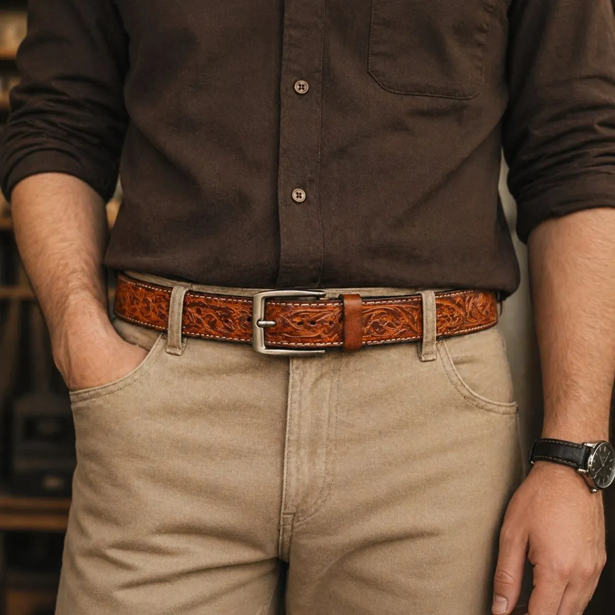 Genuine Leather Belt Vintage Floral Western Belt - Image 2