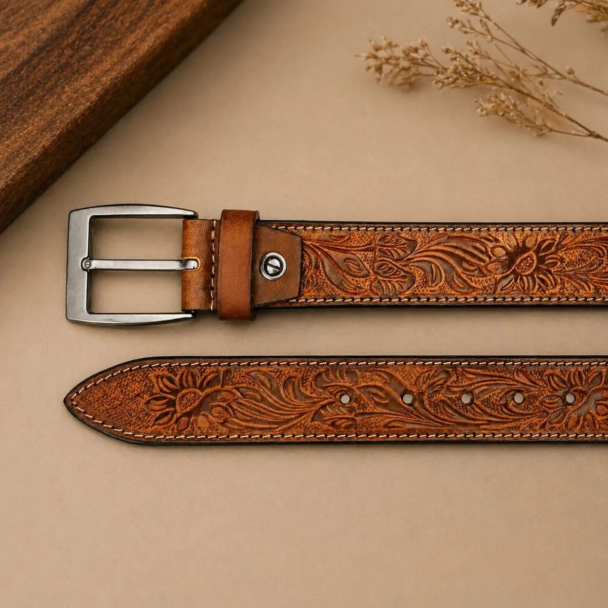 Genuine Leather Belt Vintage Floral Western Belt - Image 3
