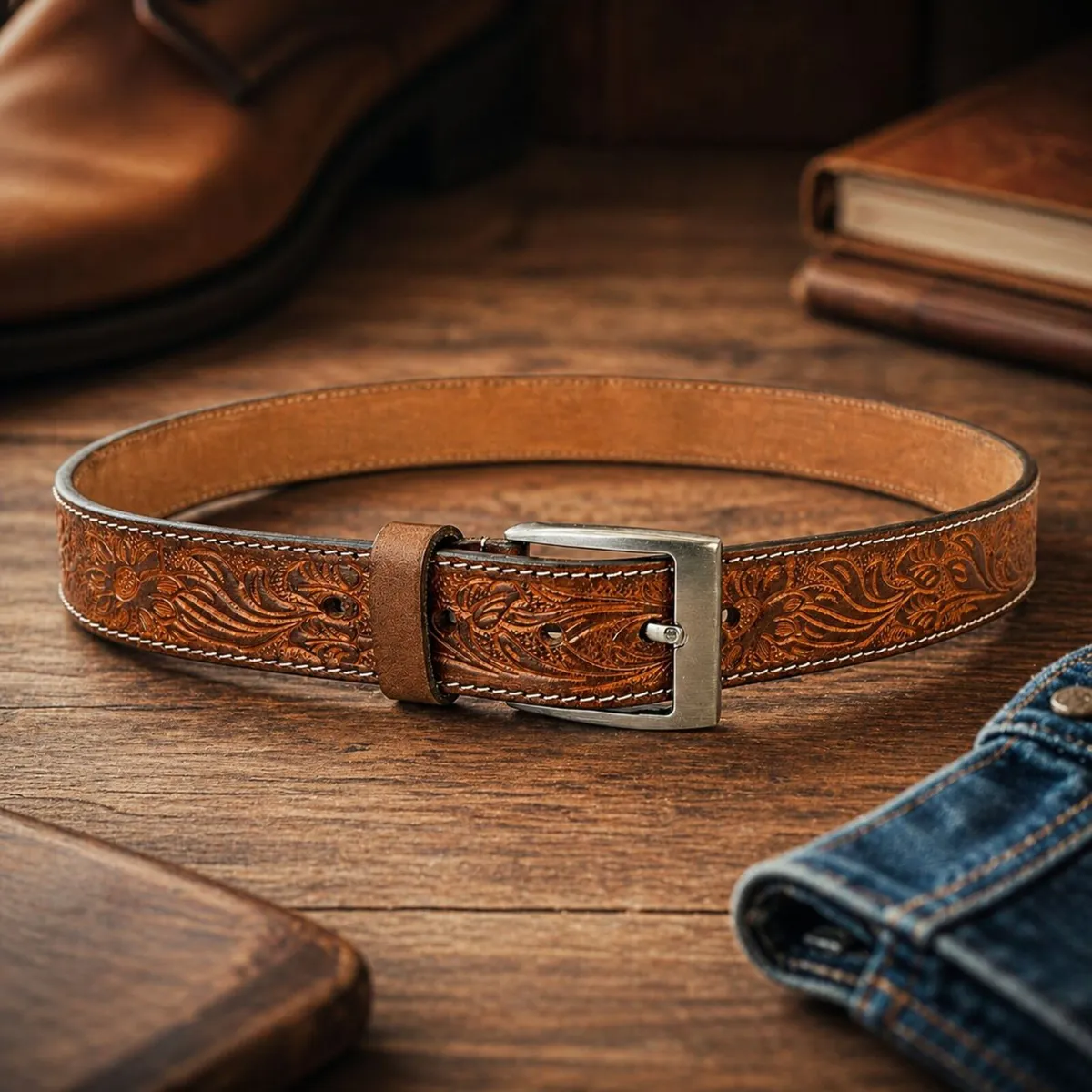 Genuine Leather Belt Vintage Floral Western Belt - Image 4