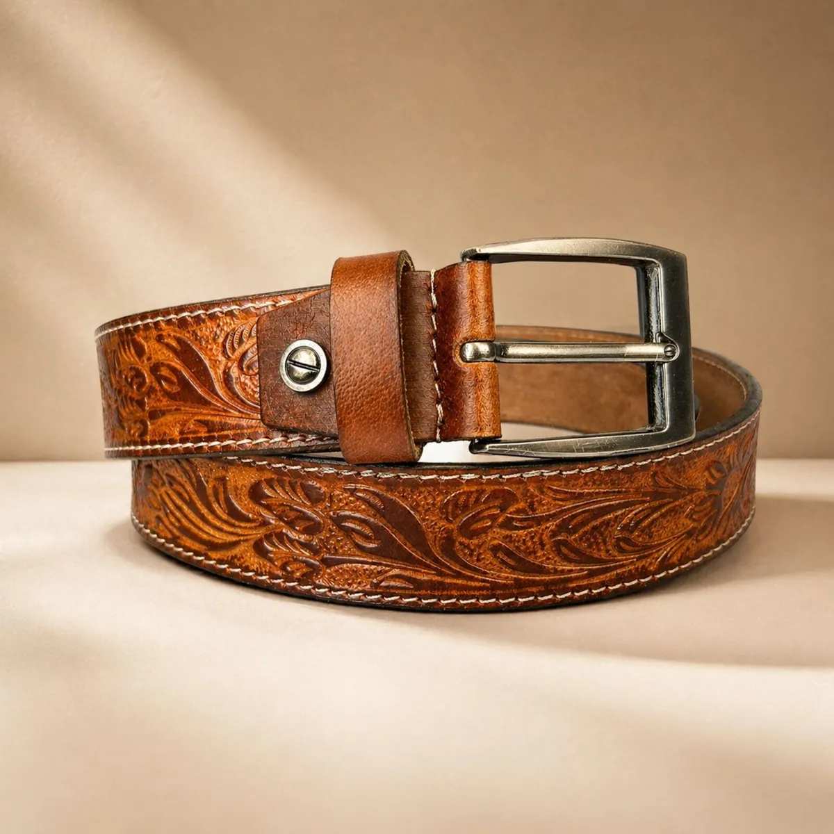 Genuine Leather Belt Vintage Floral Western Belt - Image 1