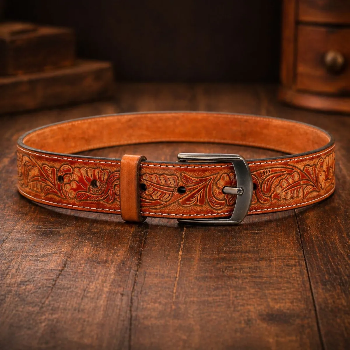 Genuine Leather Belt Vintage Floral Western Belt - Image 3