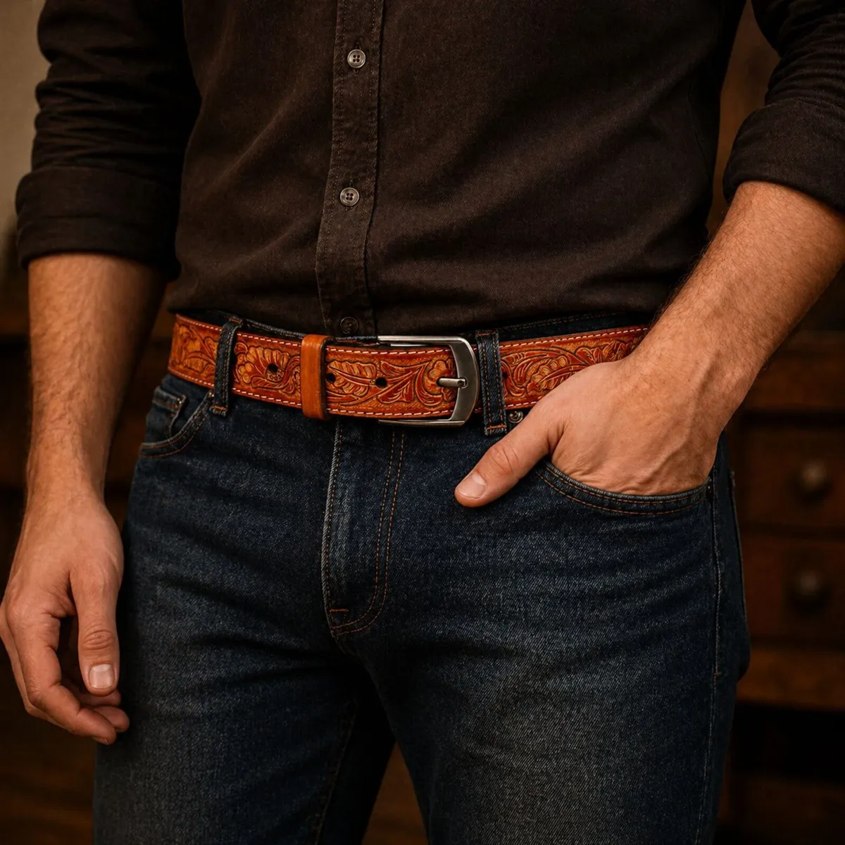 Genuine Leather Belt Vintage Floral Western Belt - Image 4