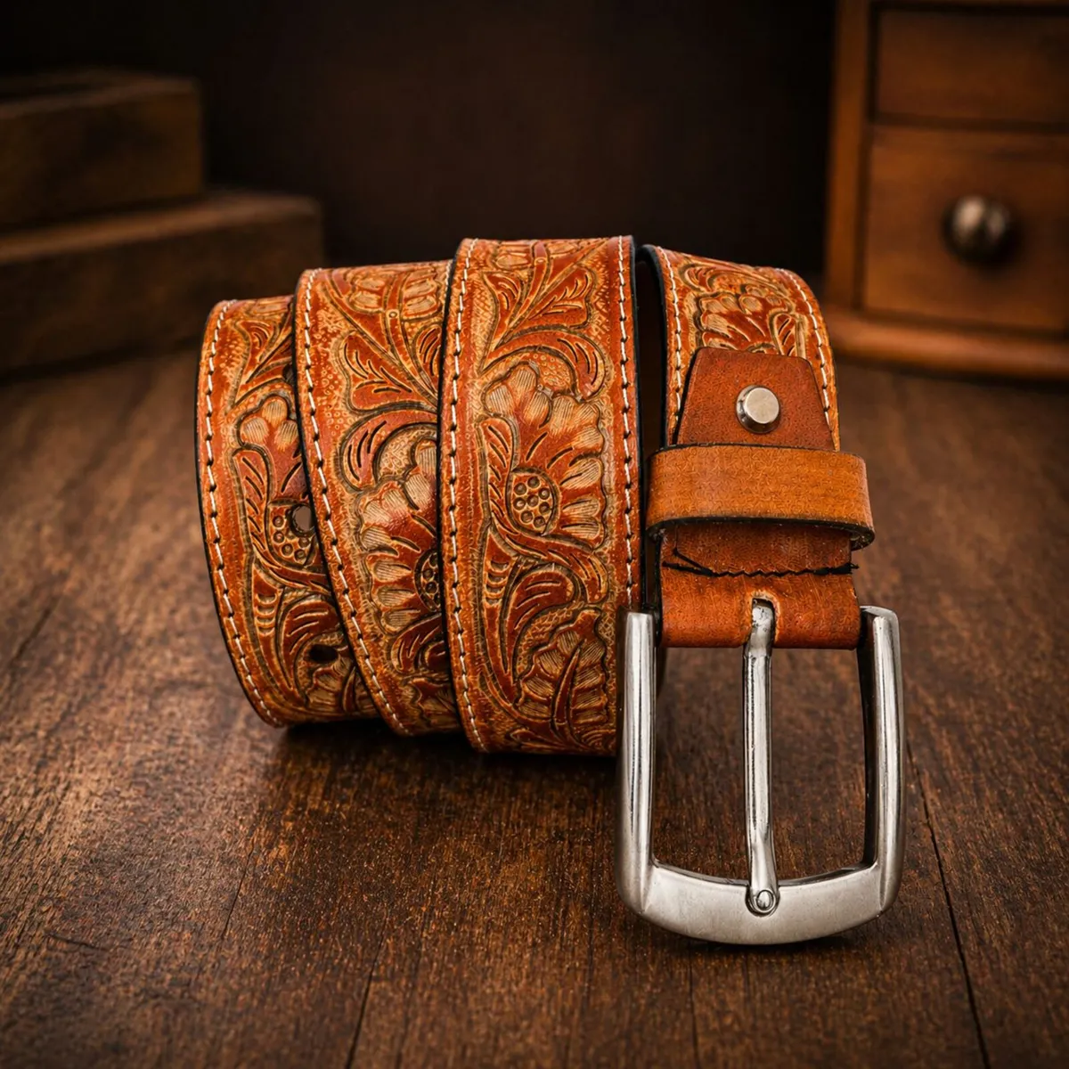 Genuine Leather Belt Vintage Floral Western Belt - Image 2