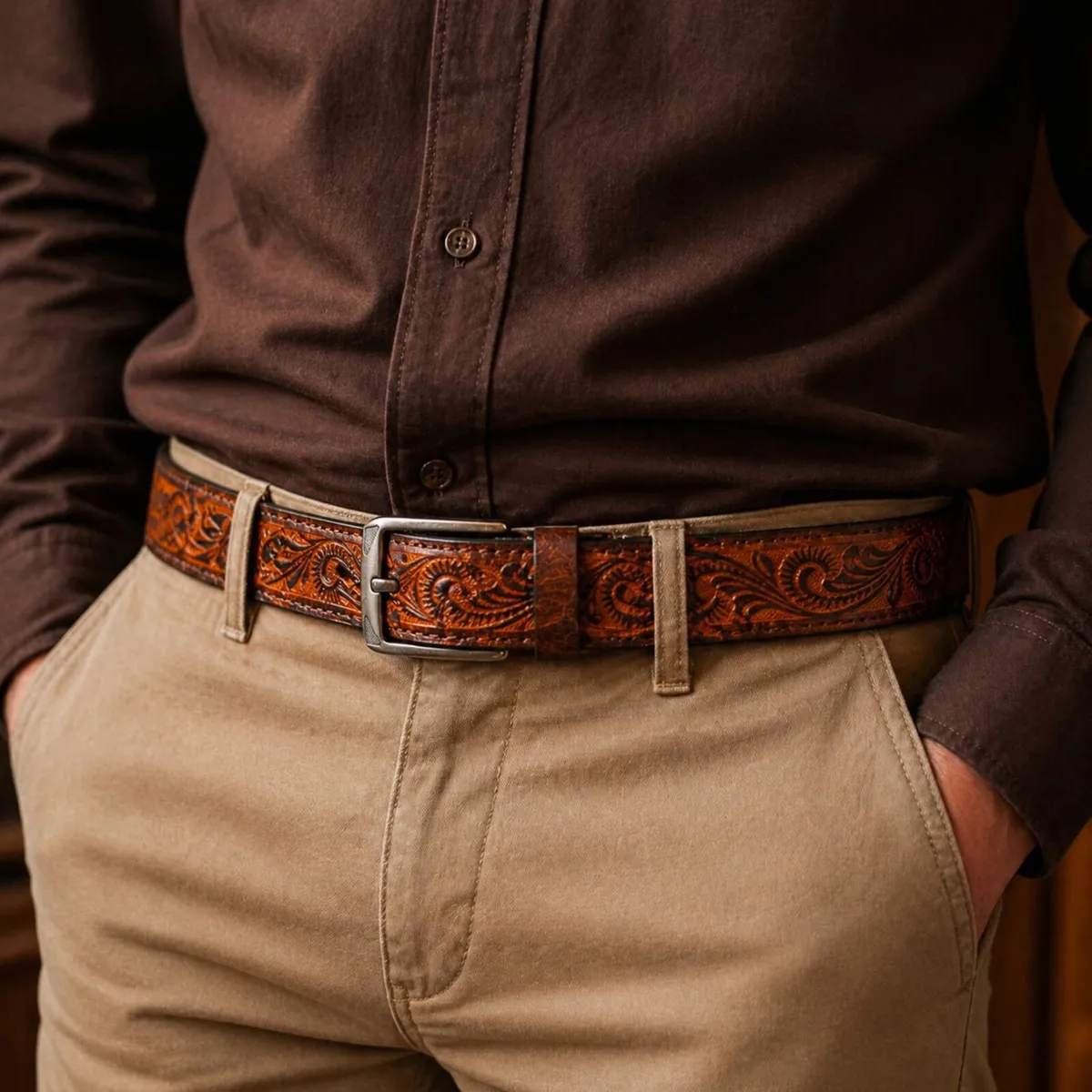 Genuine Leather Belt Vintage Floral Western Belt - Image 2