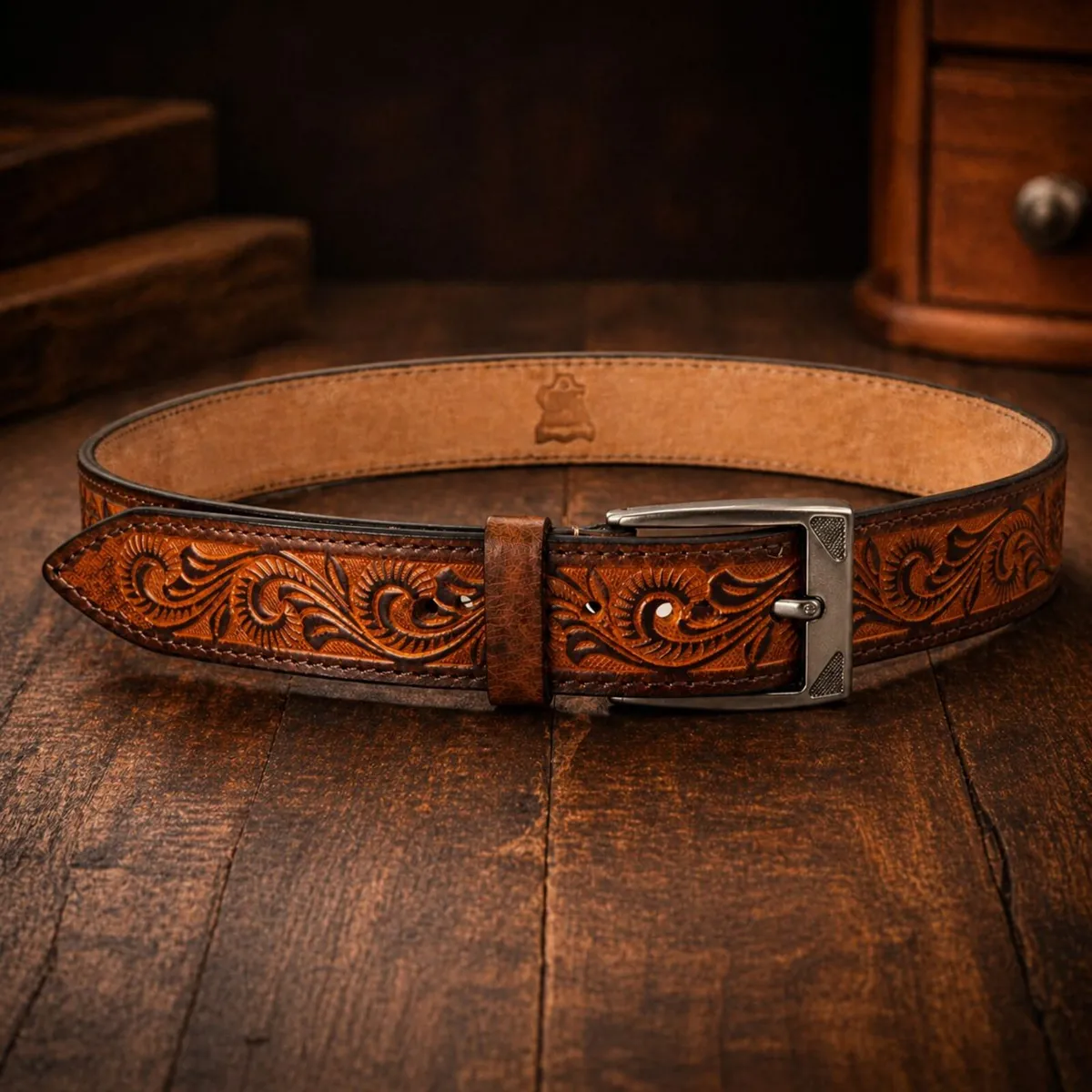 Genuine Leather Belt Vintage Floral Western Belt - Image 3