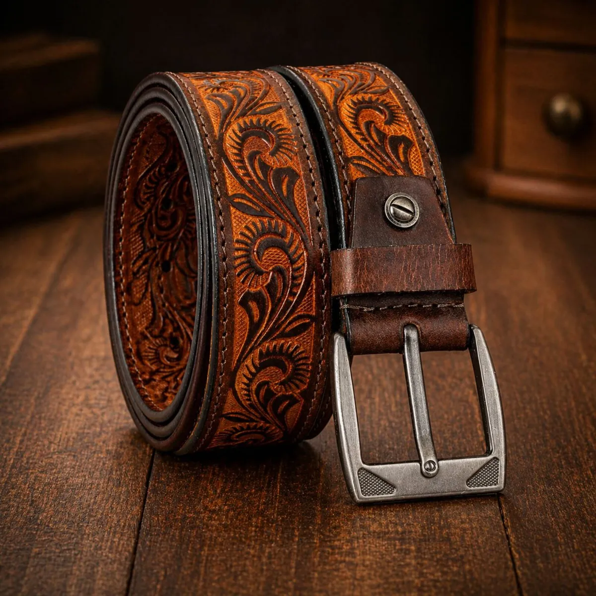 Genuine Leather Belt Vintage Floral Western Belt - Image 4