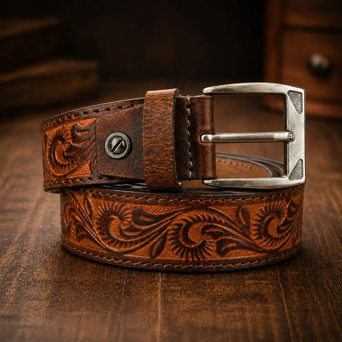 Genuine Leather Belt Vintage Floral Western Belt - Image 1