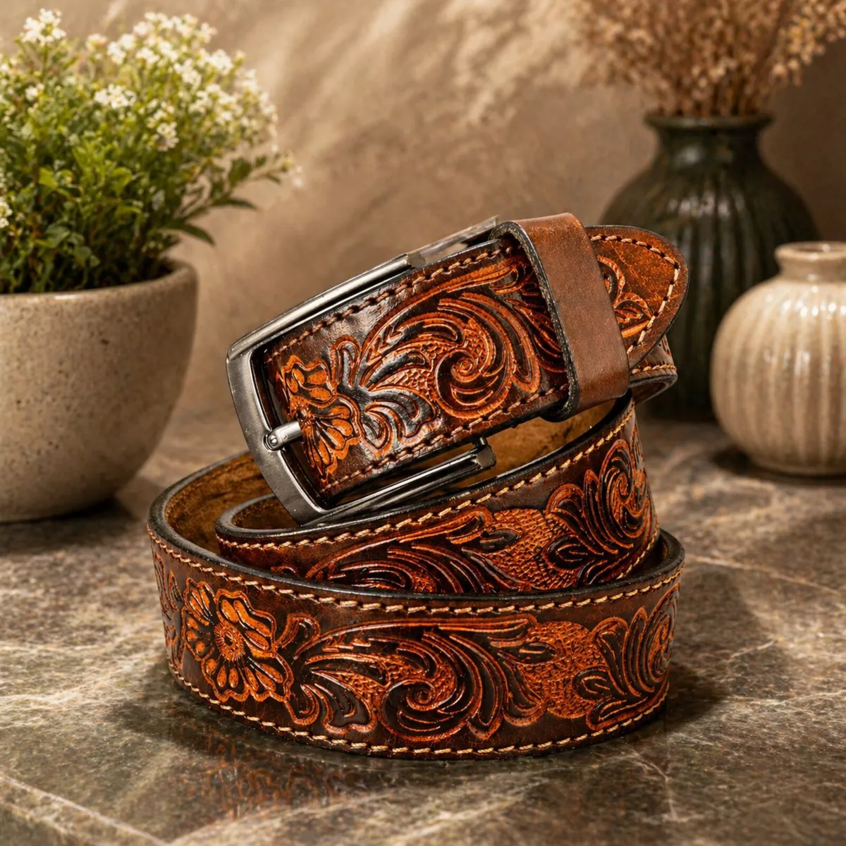 Genuine Leather Belt Vintage Floral Western Belt - Image 2