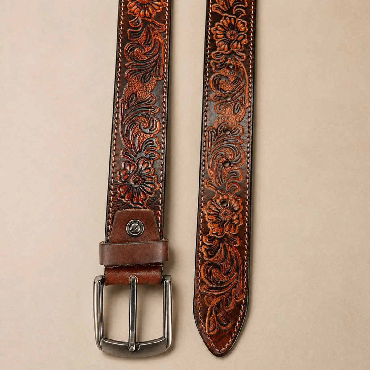 Genuine Leather Belt Vintage Floral Western Belt - Image 3