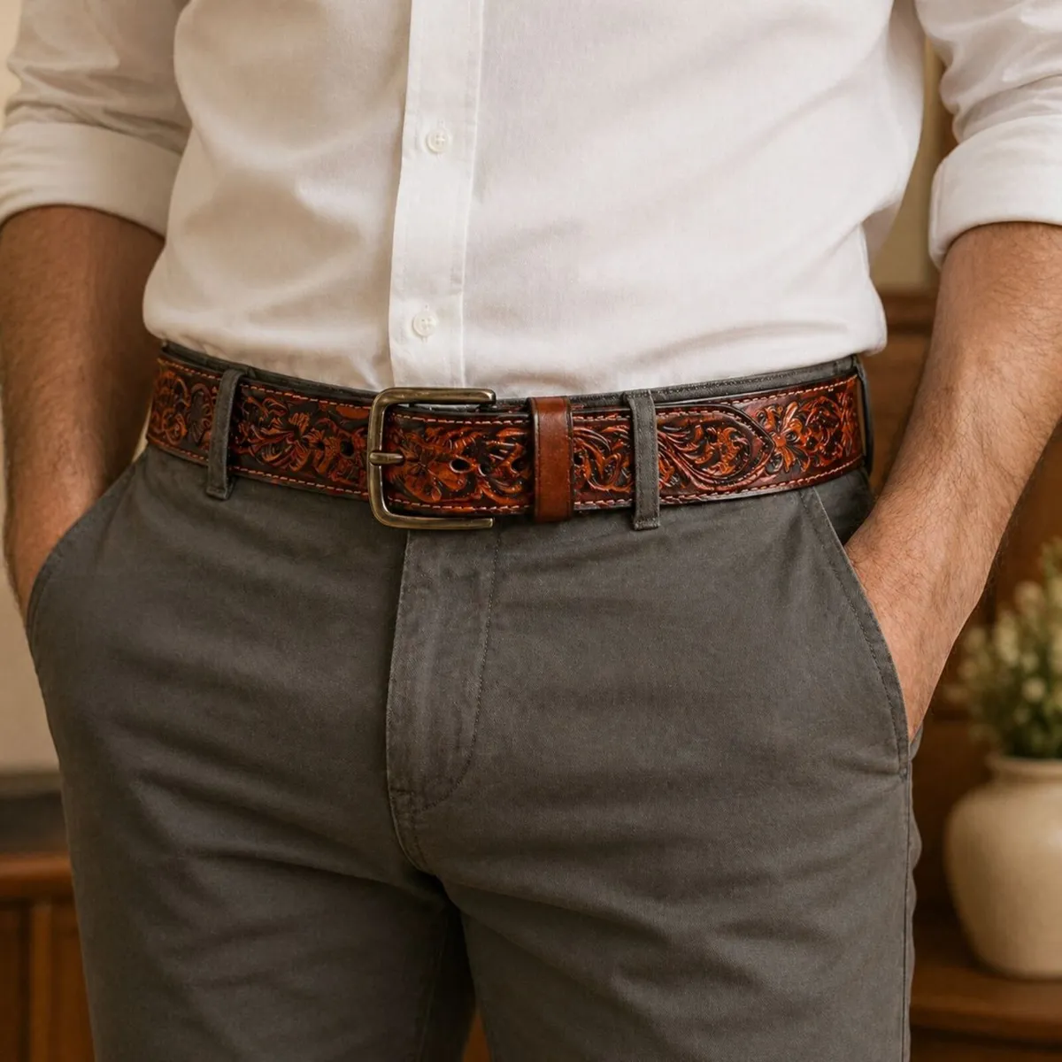 Genuine Leather Belt Vintage Floral Western Belt - Image 4