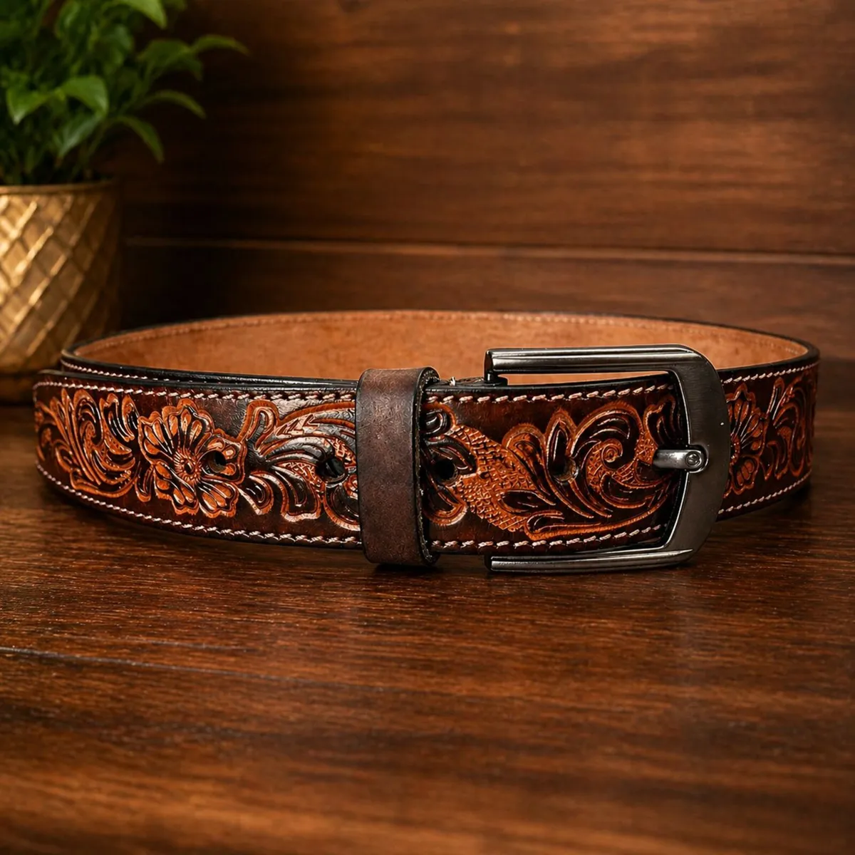 Genuine Leather Belt Vintage Floral Western Belt - Image 1