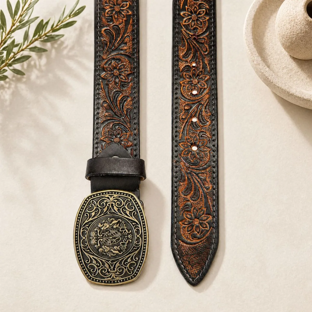 Genuine Leather Belt Vintage Floral Western Belt - Image 3