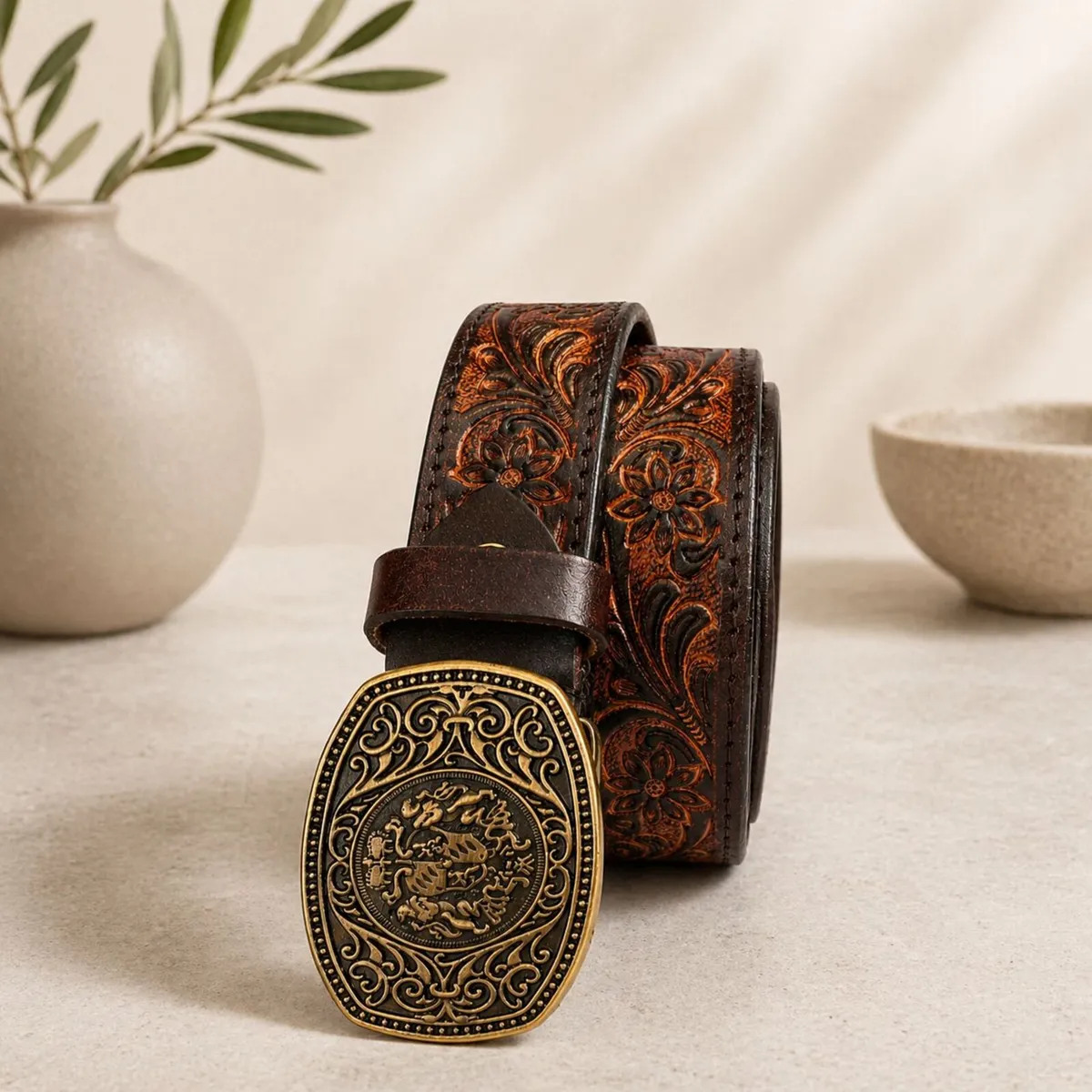 Genuine Leather Belt Vintage Floral Western Belt - Image 4