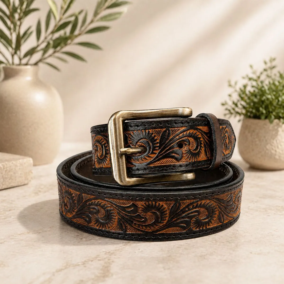 Genuine Leather Belt Vintage Floral Western Belt - Image 2