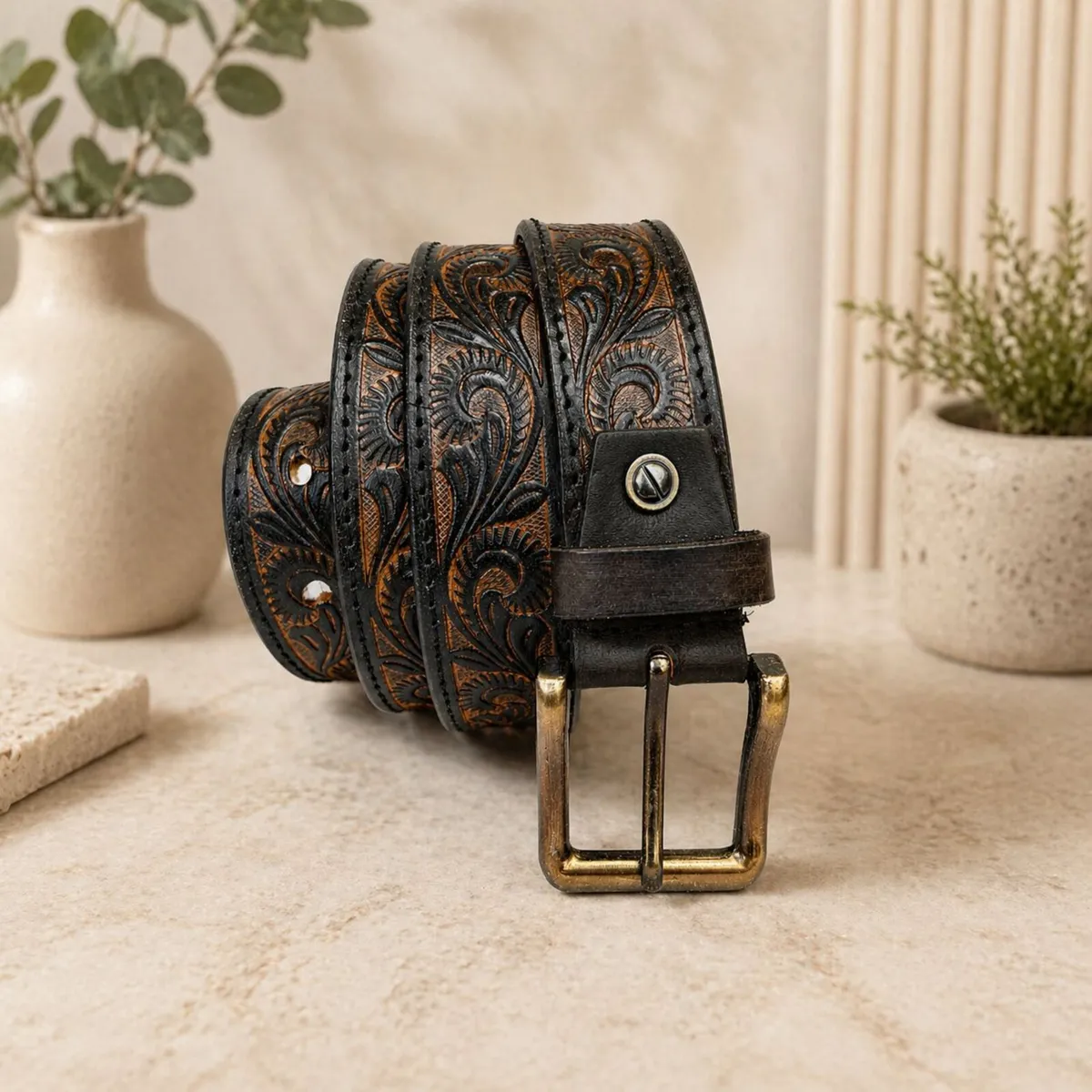 Genuine Leather Belt Vintage Floral Western Belt - Image 3