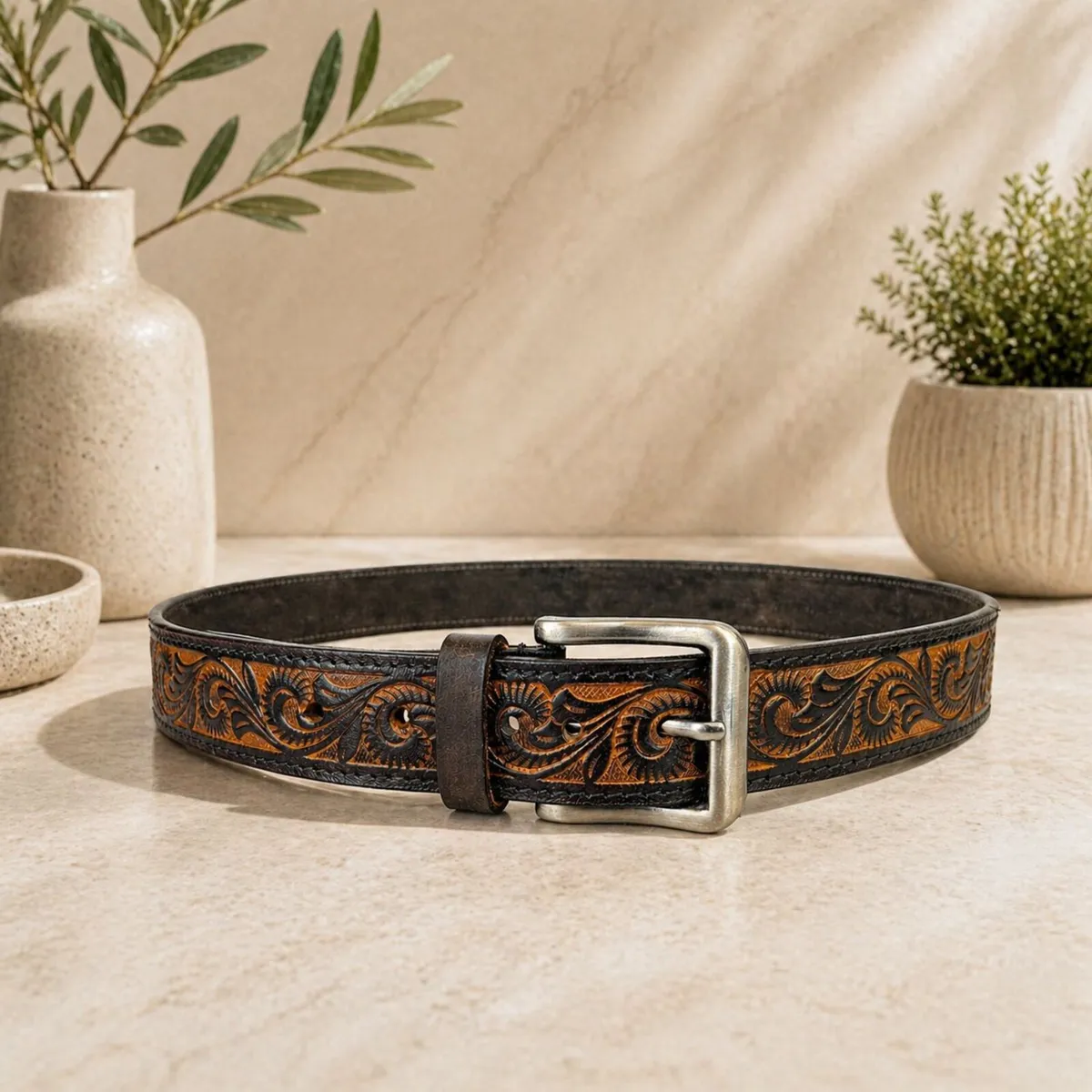 Genuine Leather Belt Vintage Floral Western Belt - Image 1