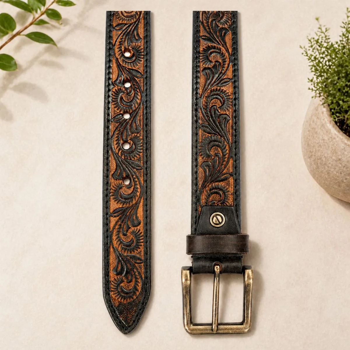 Genuine Leather Belt Vintage Floral Western Belt - Image 4