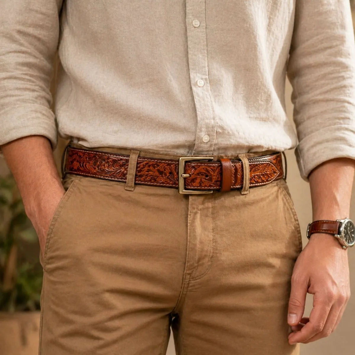 Genuine Leather Belt Vintage Floral Western Belt - Image 2