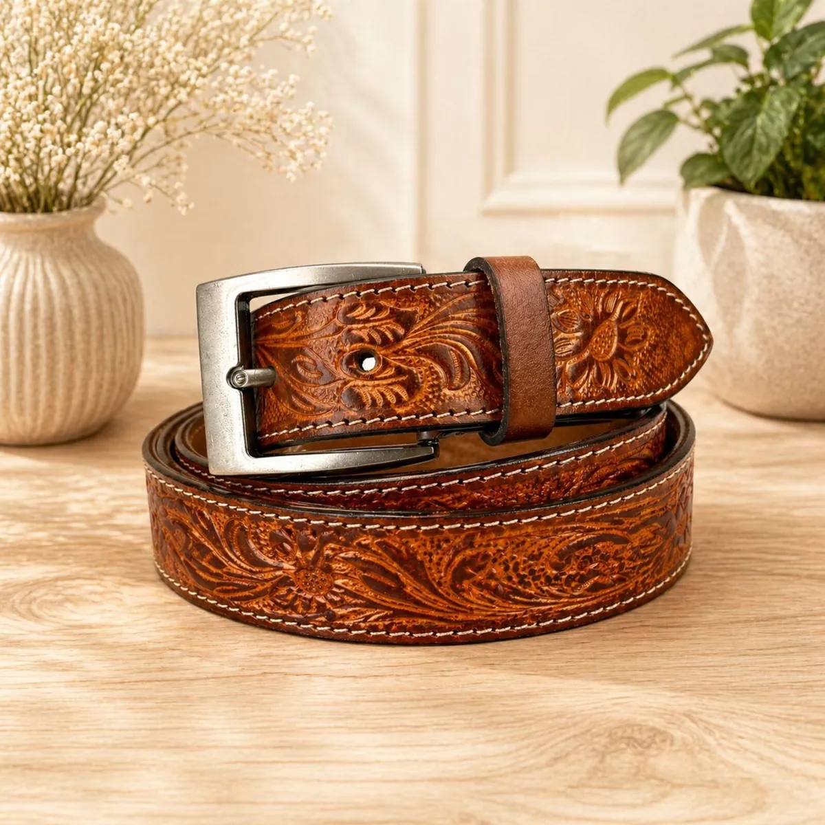 Genuine Leather Belt Vintage Floral Western Belt - Image 1