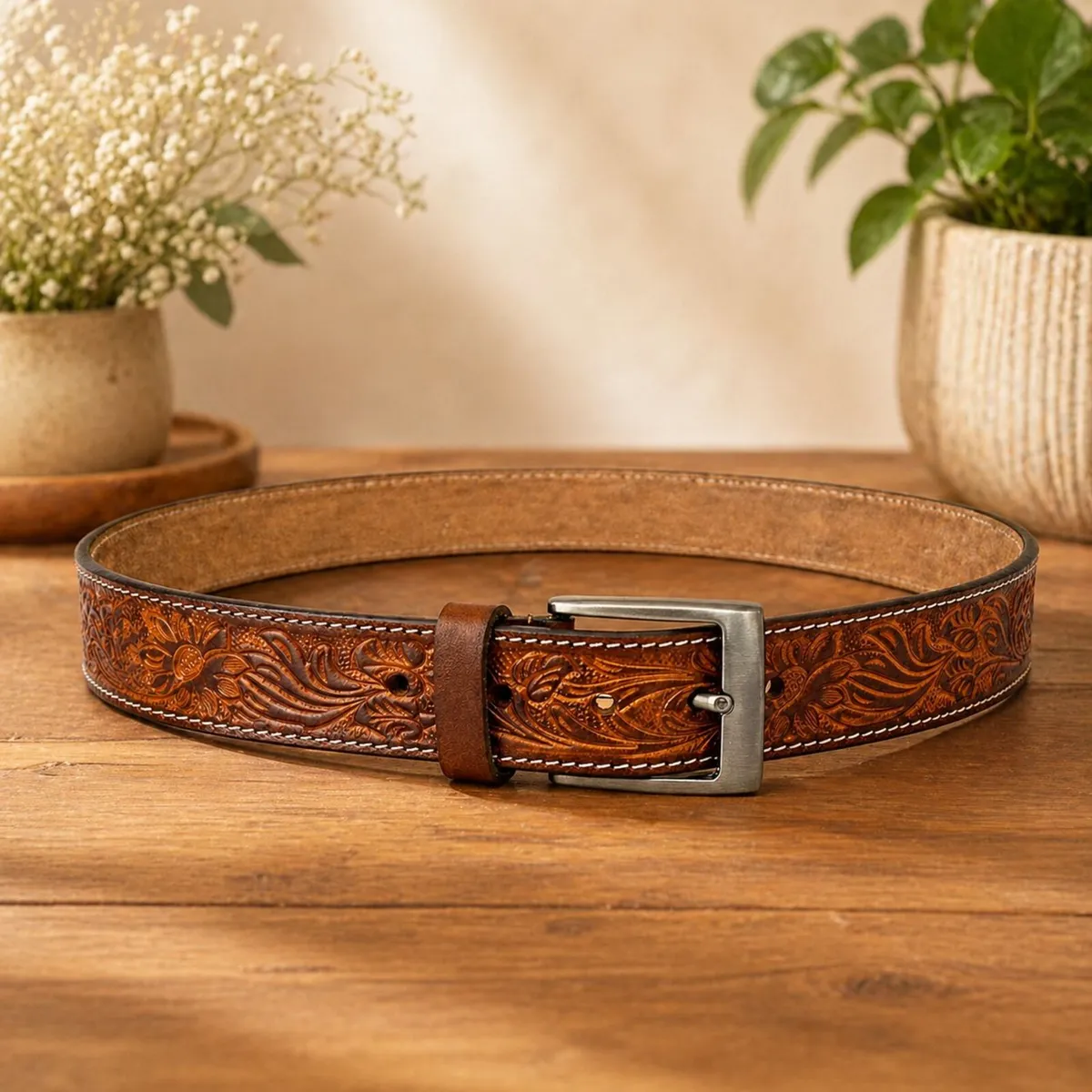 Genuine Leather Belt Vintage Floral Western Belt - Image 3
