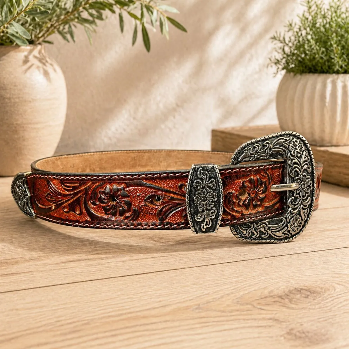 Genuine Leather Belt Vintage Floral Western Belt - Image 3