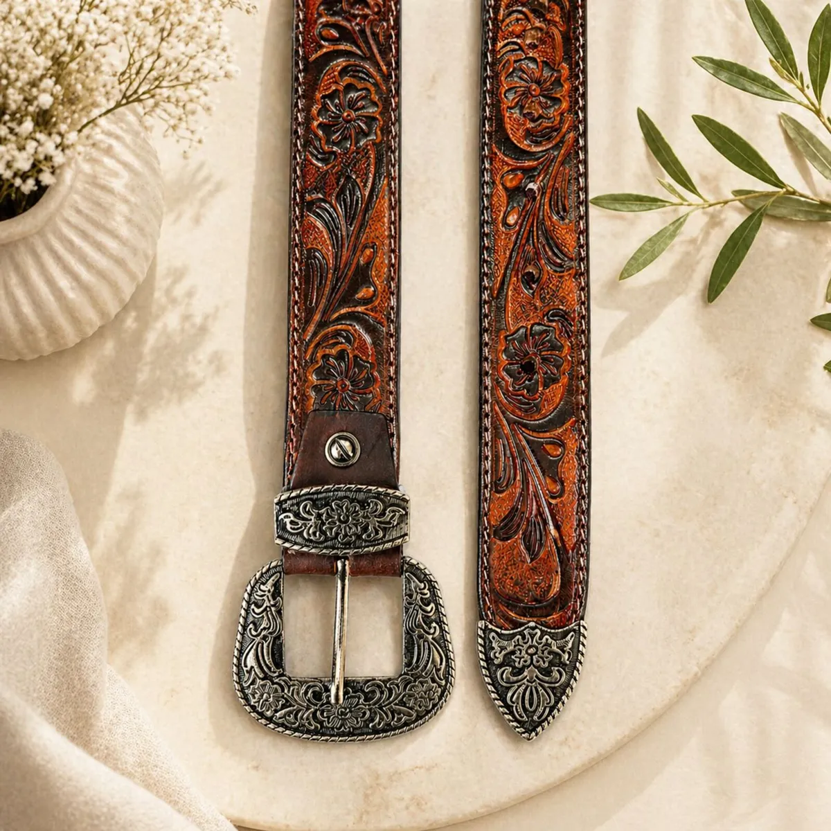 Genuine Leather Belt Vintage Floral Western Belt - Image 4