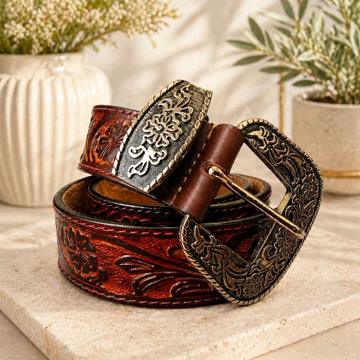 Genuine Leather Belt Vintage Floral Western Belt - Image 2
