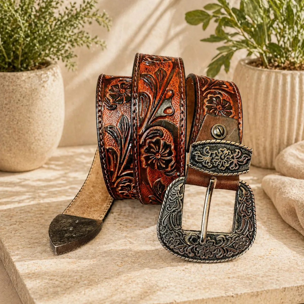 Genuine Leather Belt Vintage Floral Western Belt - Image 1