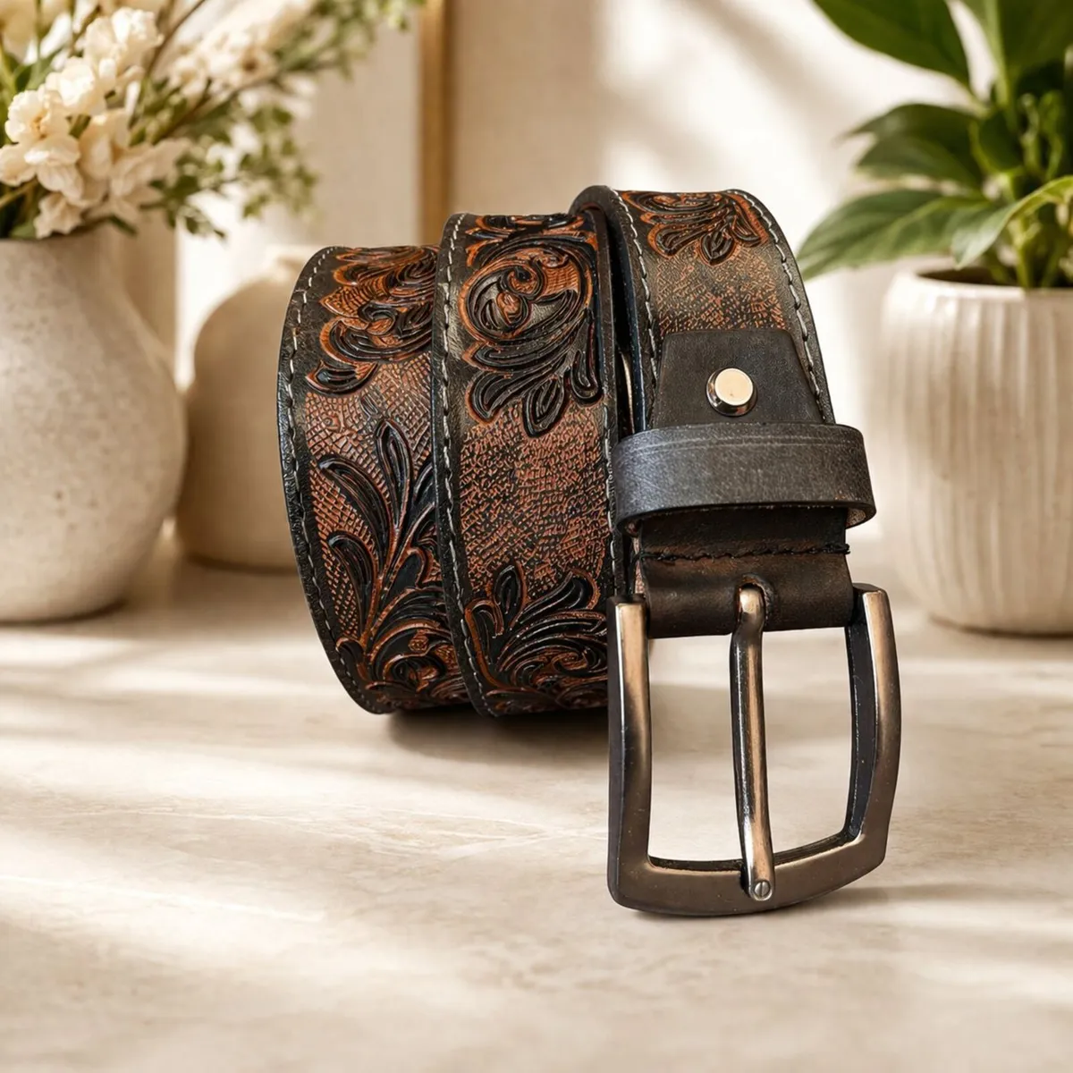 Genuine Leather Belt Vintage Floral Western Belt - Image 1