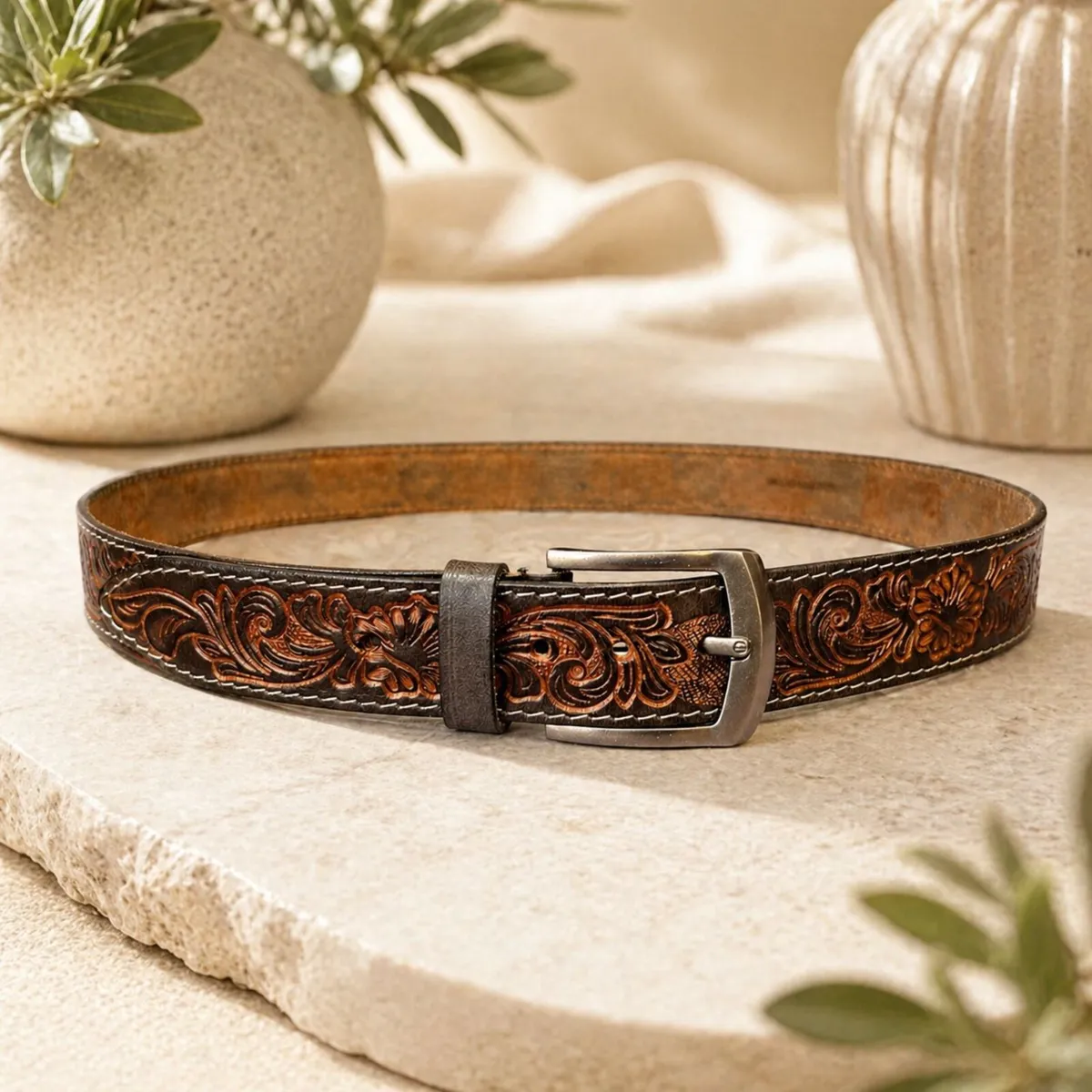 Genuine Leather Belt Vintage Floral Western Belt - Image 2
