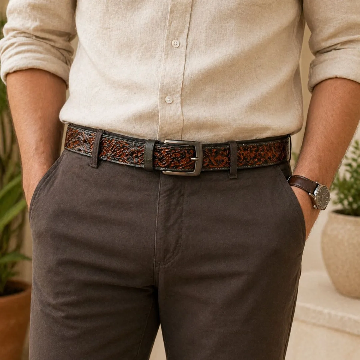 Genuine Leather Belt Vintage Floral Western Belt - Image 3
