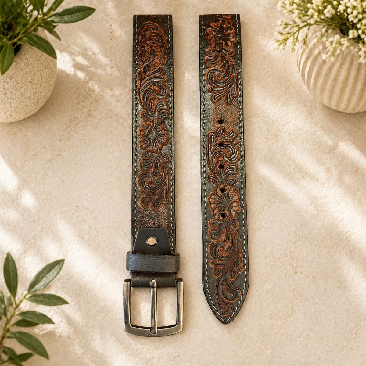 Genuine Leather Belt Vintage Floral Western Belt - Image 4