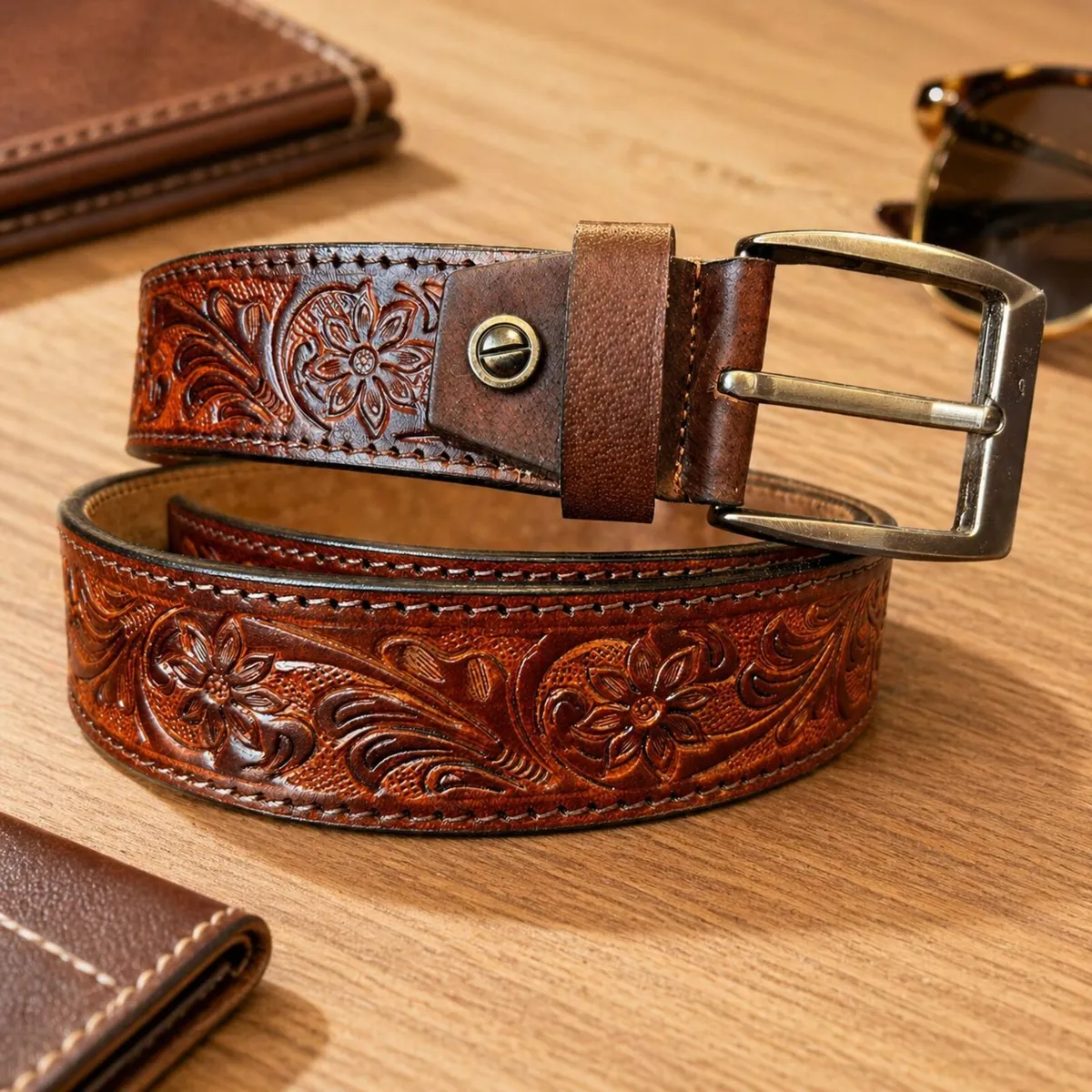 Genuine Leather Belt Vintage Floral Western Belt - Image 1