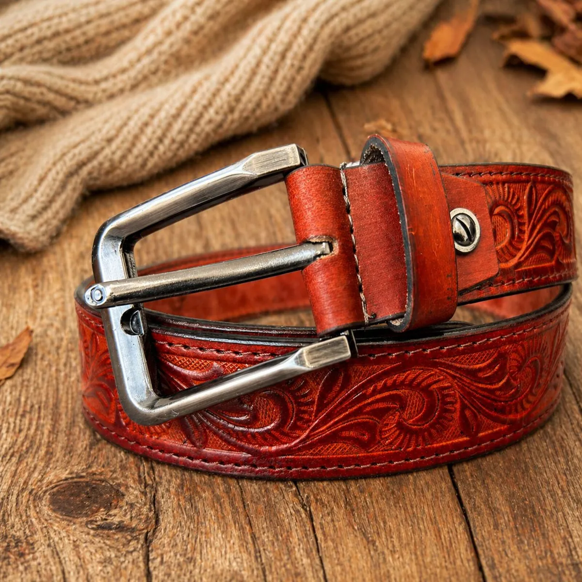 Genuine Leather Belt Vintage Floral Western Belt - Image 3