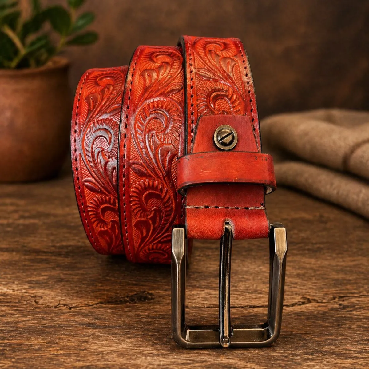 Genuine Leather Belt Vintage Floral Western Belt - Image 1