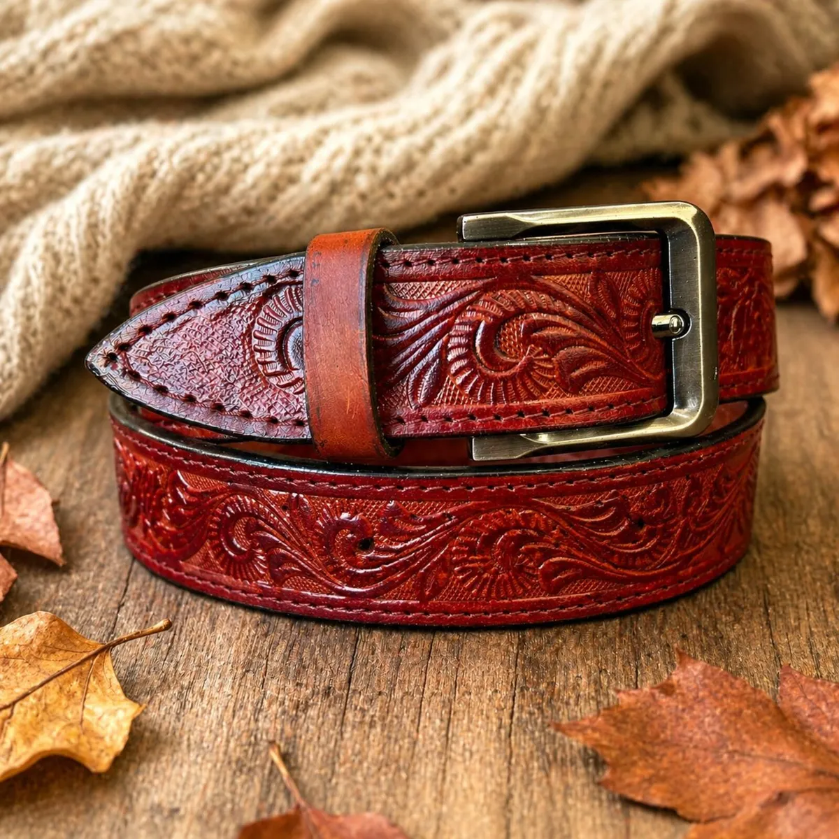 Genuine Leather Belt Vintage Floral Western Belt - Image 4