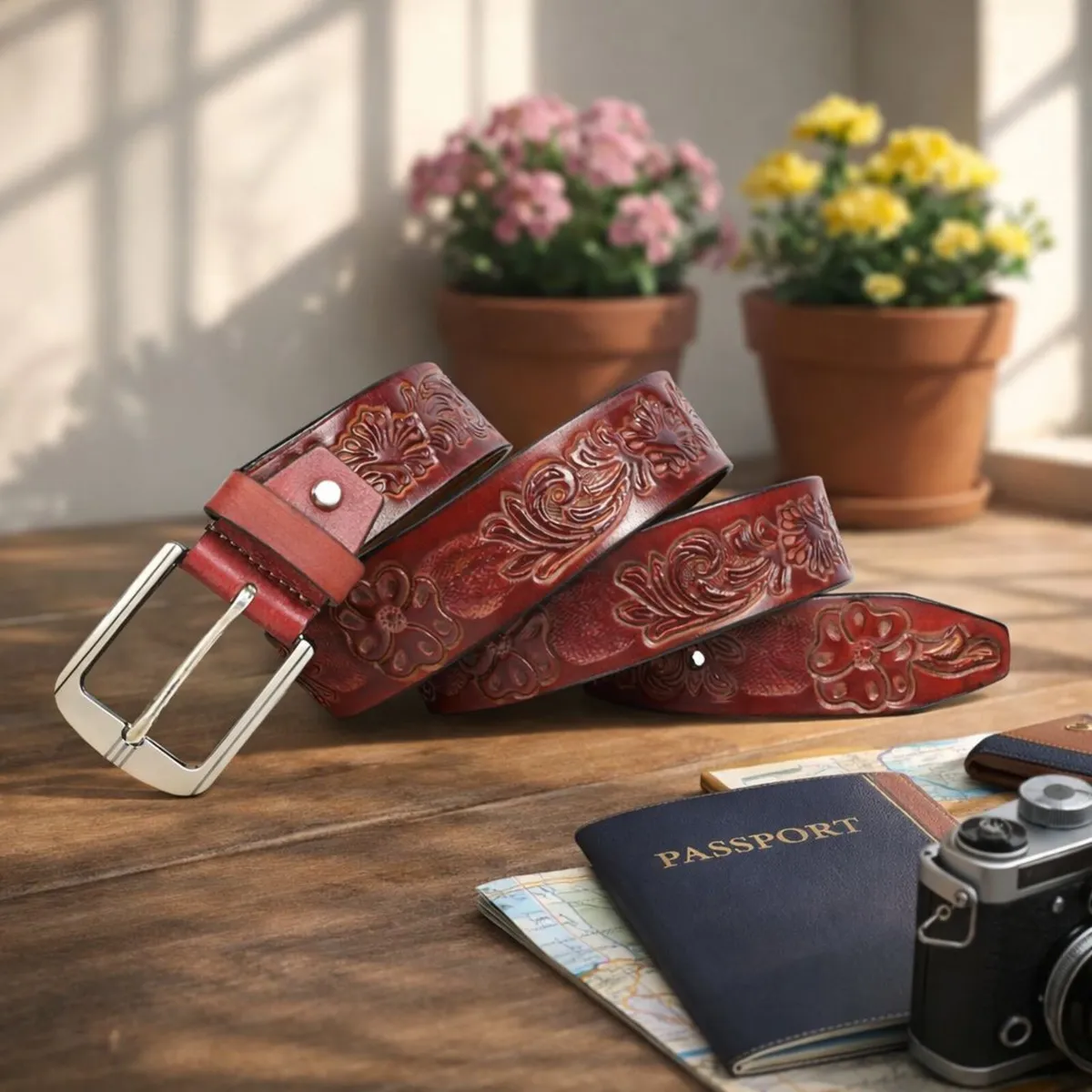 Genuine Leather Belt Vintage Floral Western Belt - Image 1