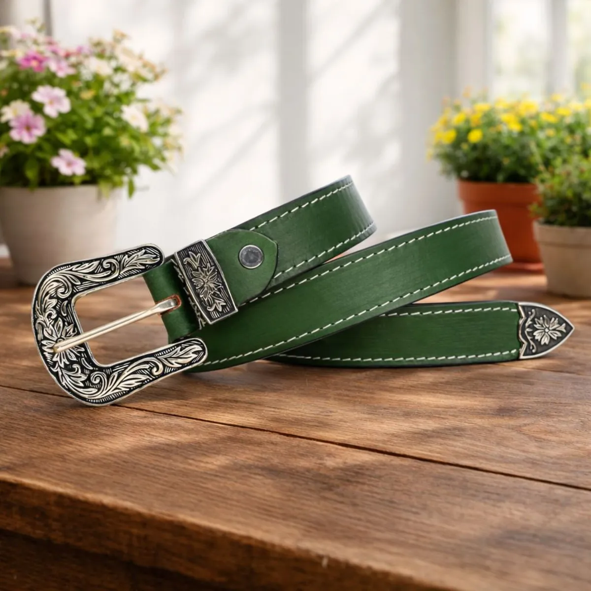 Genuine Leather Belt Western Engraved Buckle Belt - Image 2