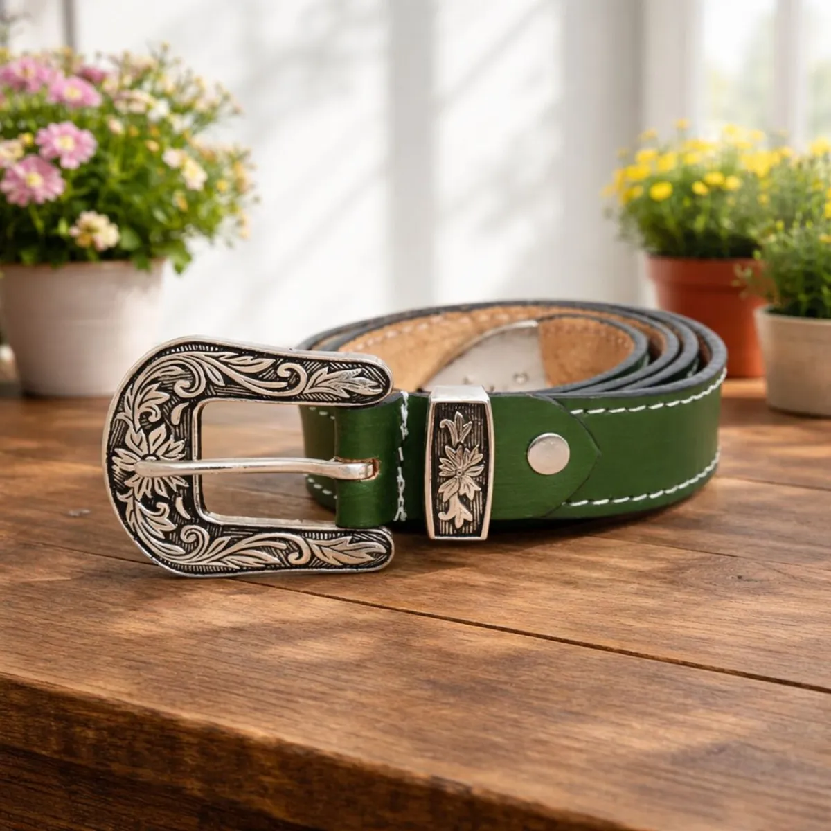 Genuine Leather Belt Western Engraved Buckle Belt - Image 4
