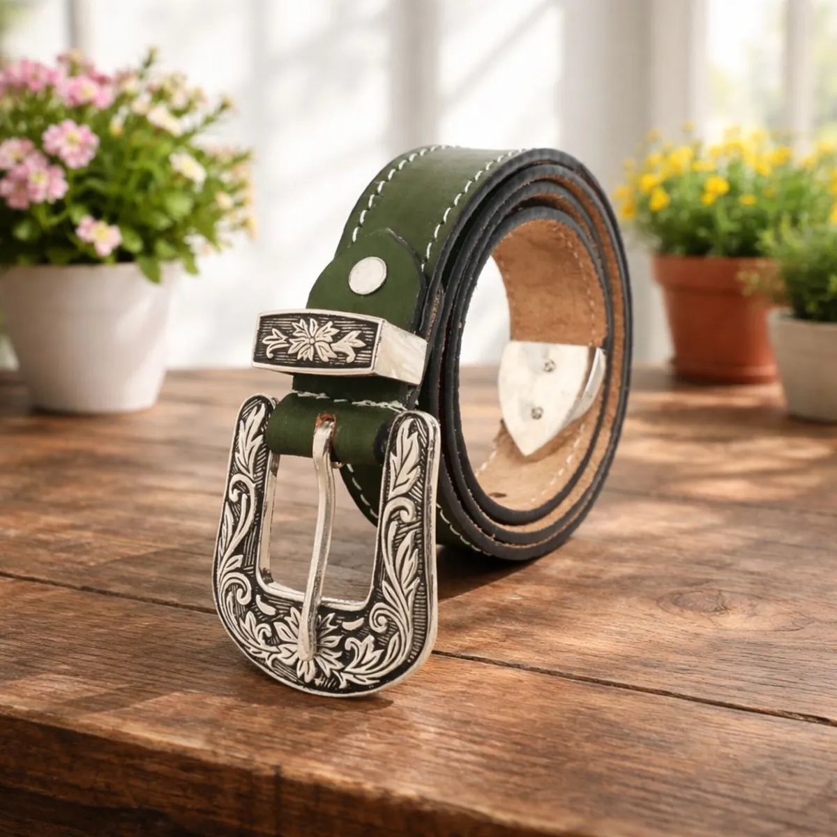 Genuine Leather Belt Western Engraved Buckle Belt - Image 1